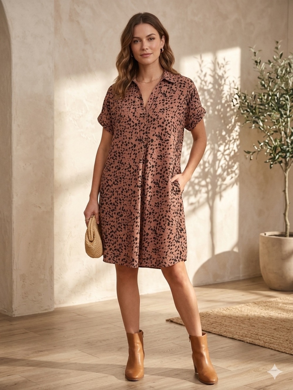 easel Brown & Black Printed Short Sleeve Midi Shirt Dress